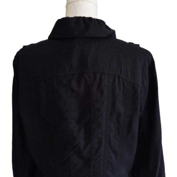 WHBM Jacket Black Zipper Front Ruffled Neck 3/4 Sleeve Utility Jacket Size 14 - Picture 6 of 12
